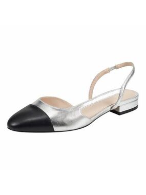 Marc Fisher Dela2 Metallic Silver Slingback Flats Black Cap Toes size 7.5 New